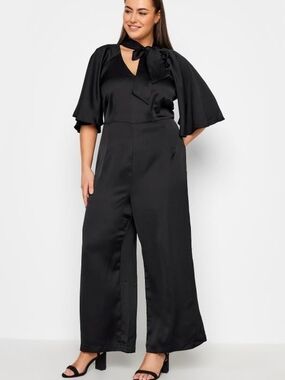 Black Satin Wide-Leg Jumpsuit with Tie Neck